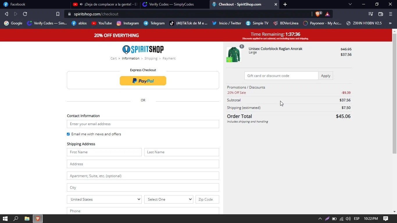 SpiritShop checkout page showing SpiritShop discount code box | Screenshot taken by SimplyCodes community member on Apr 27, 2022