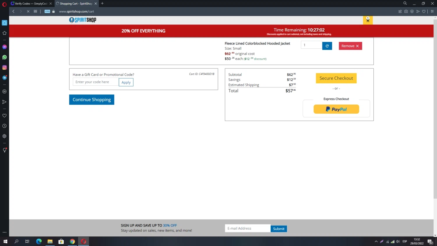 SpiritShop checkout page showing SpiritShop discount code box | Screenshot taken by SimplyCodes community member on Mar 28, 2022