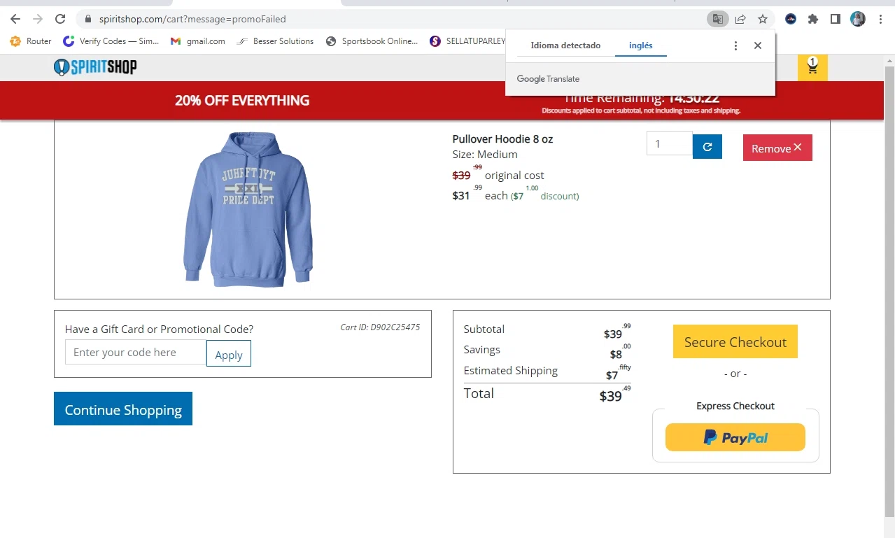 SpiritShop checkout page showing SpiritShop discount code box | Screenshot taken by SimplyCodes community member on Mar 28, 2022