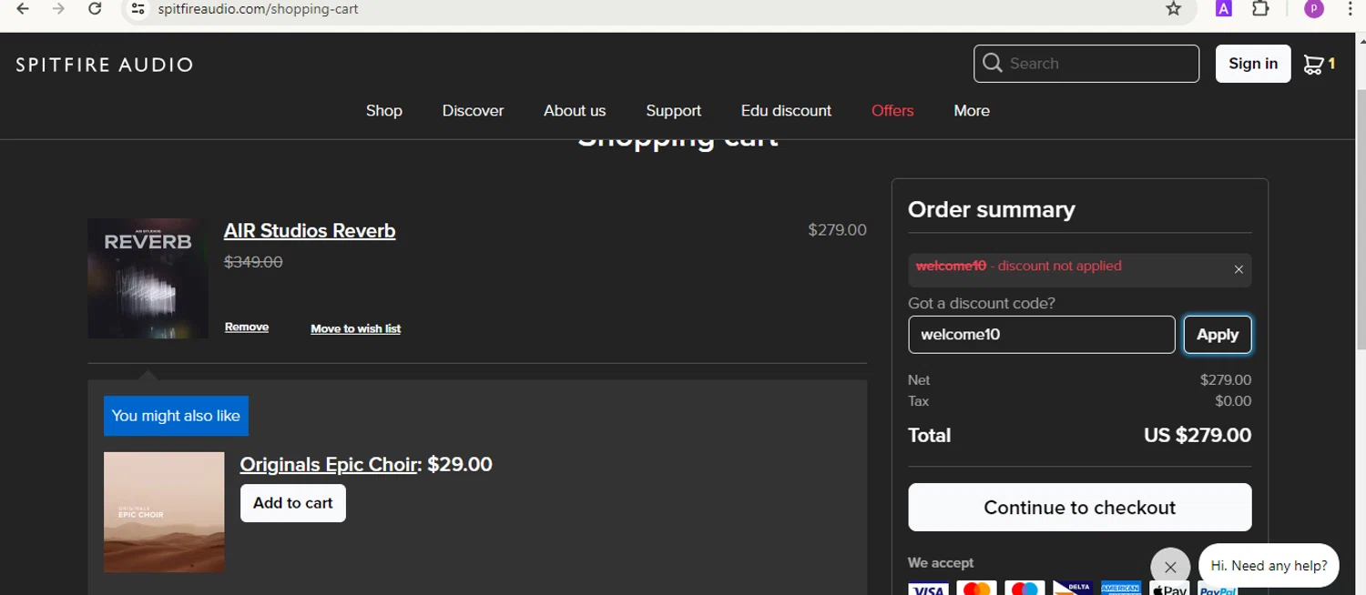 where to use Spitfire Audio promo code box