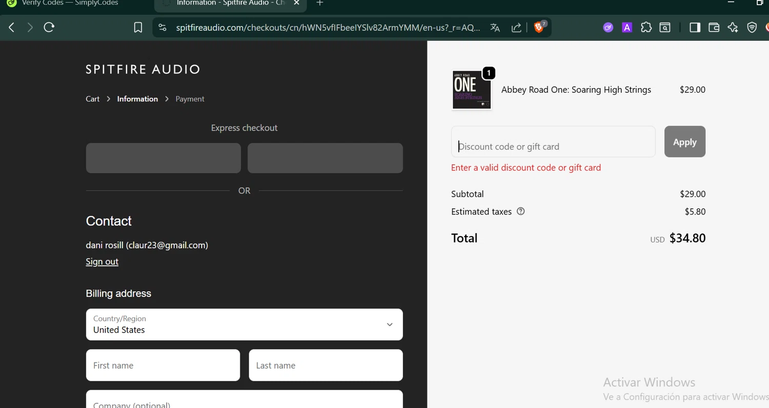 Spitfire Audio discount code screenshot showing code Z8DKB9HS applied at Spitfire Audio checkout page. Uploaded by SimplyCodes community member PennyCaptain4684 on Dec 26, 2025
