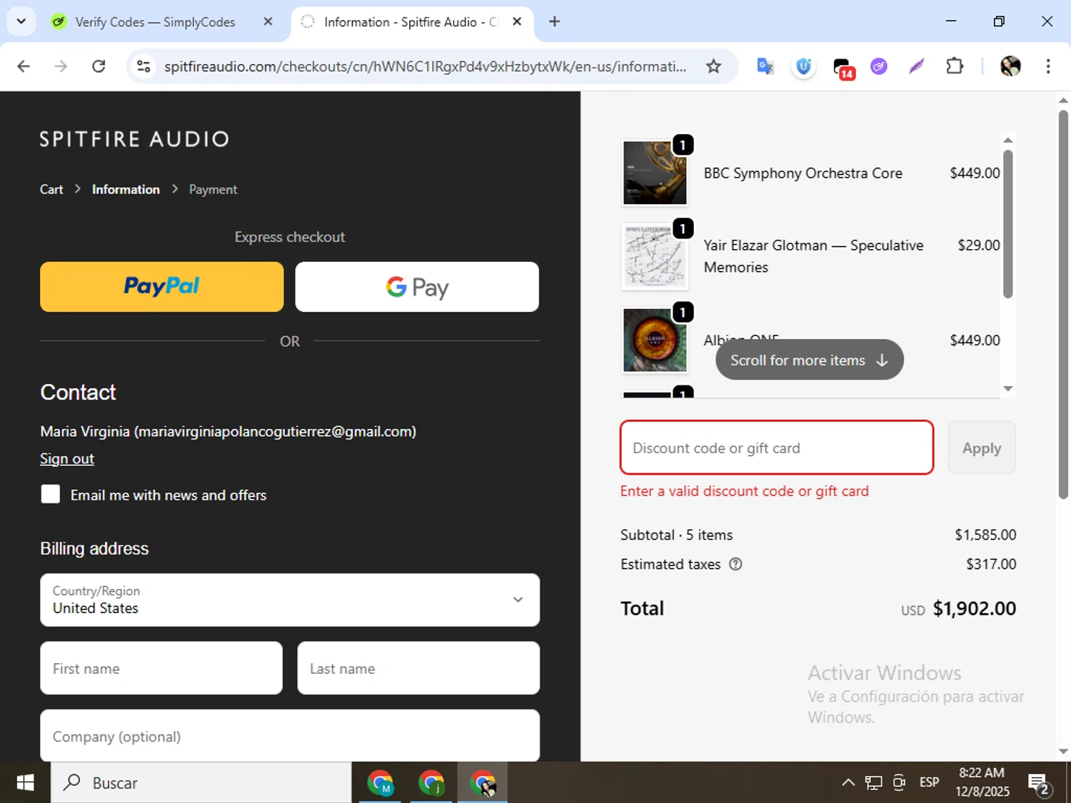 Spitfire Audio discount code screenshot showing code Z8DKB9HS applied at Spitfire Audio checkout page. Uploaded by SimplyCodes community member mariapolancog on Dec 8, 2025