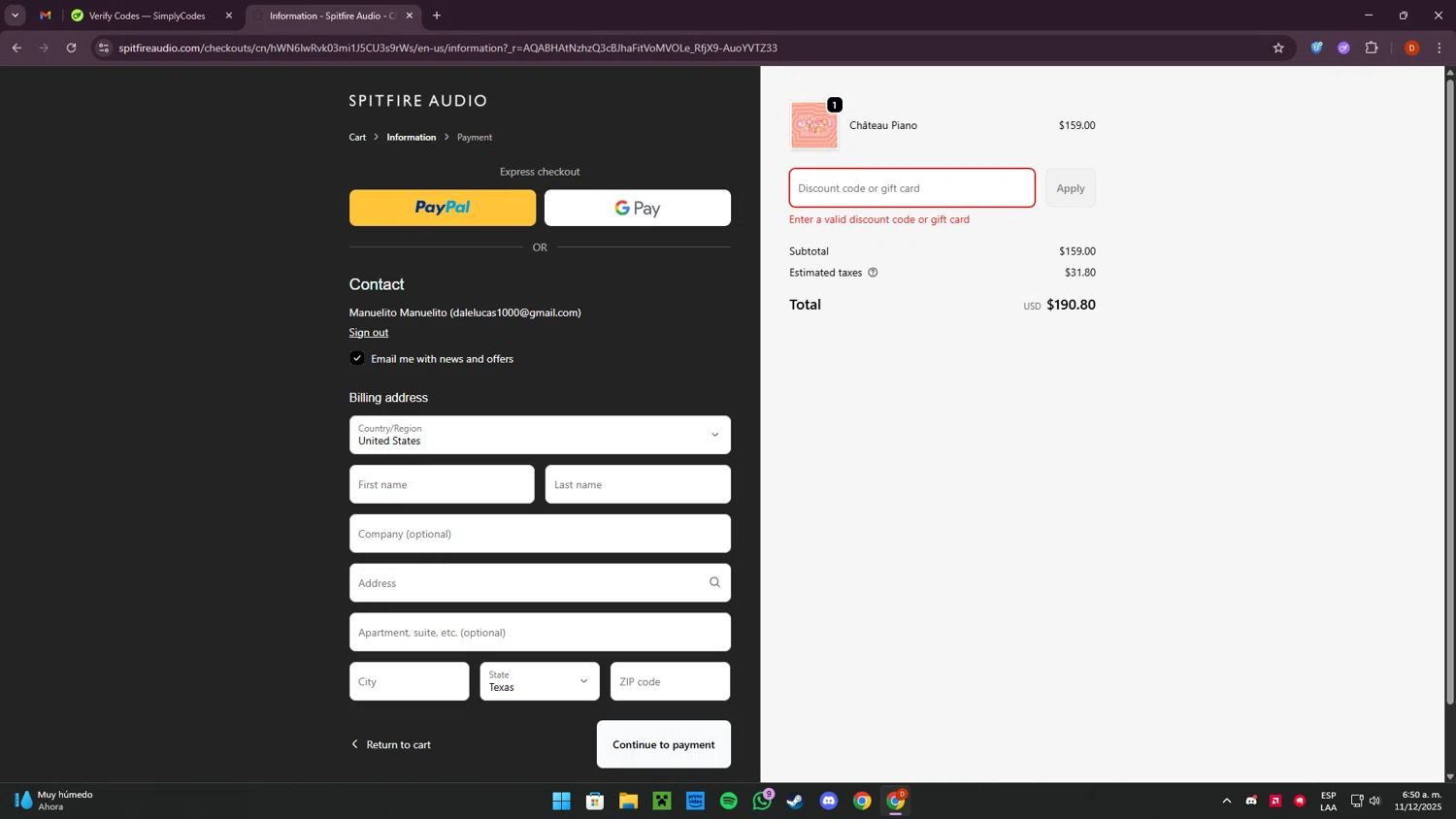 Spitfire Audio discount code screenshot showing code VXJSBQXH applied at Spitfire Audio checkout page. Uploaded by SimplyCodes community member LaCebolla on Dec 11, 2025