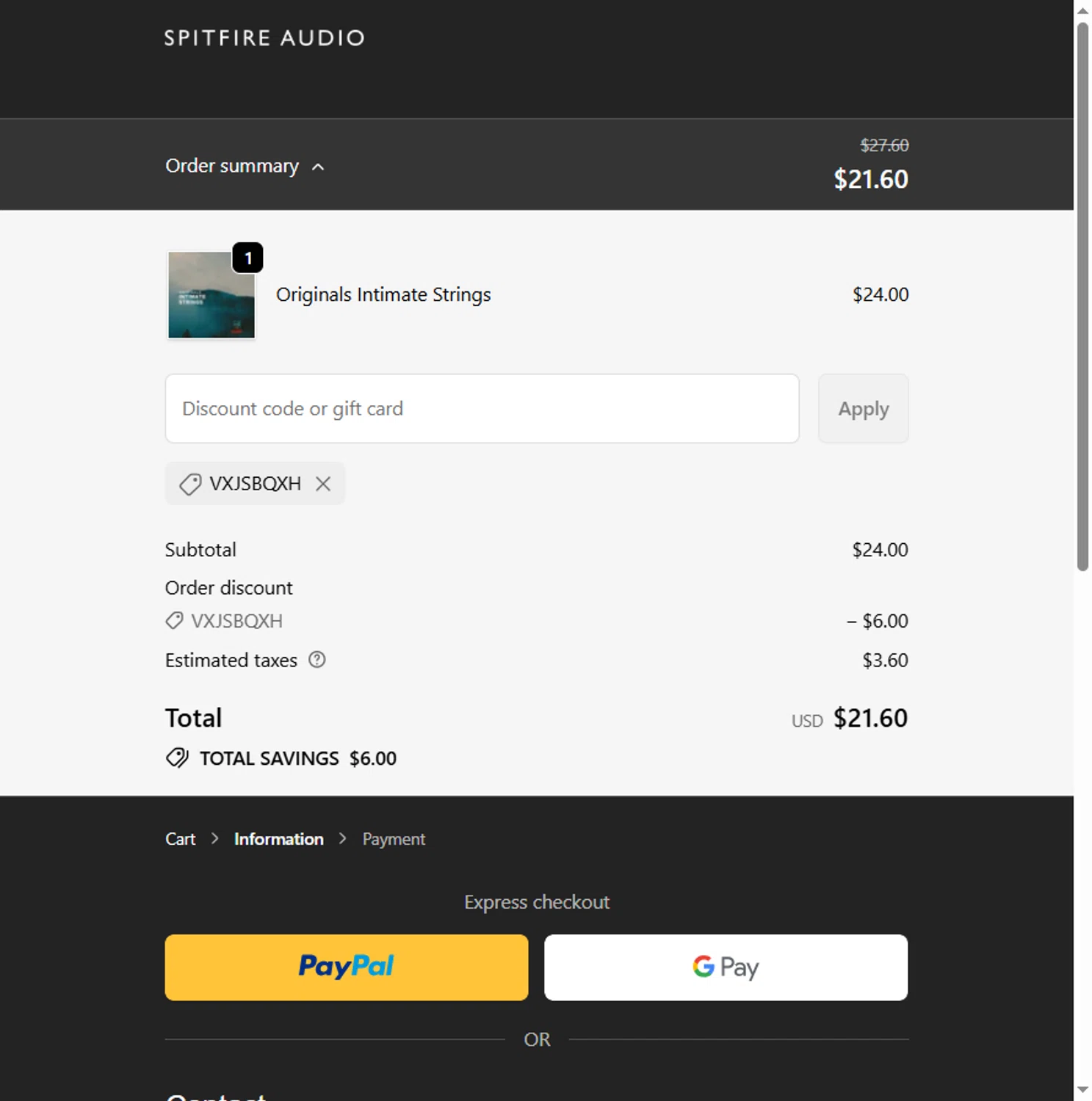 Spitfire Audio discount code screenshot showing code VXJSBQXH applied at Spitfire Audio checkout page. Uploaded by SimplyCodes community member Leannysv7lla on Dec 2, 2025