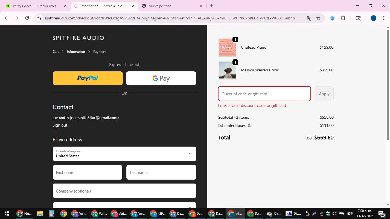 Spitfire Audio discount code screenshot showing code VXJSBQXH applied at Spitfire Audio checkout page. Uploaded by SimplyCodes community member noesmith34ur on Dec 11, 2025