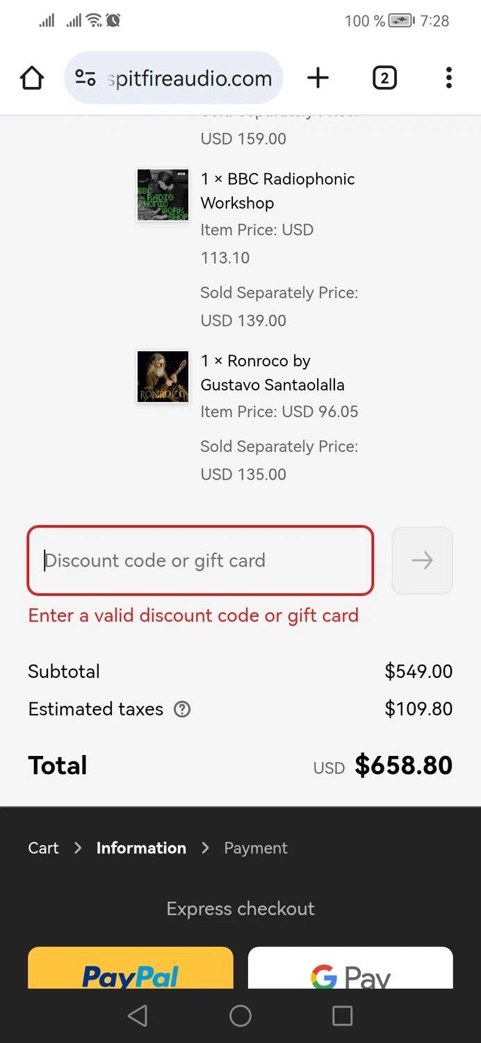 Spitfire Audio discount code screenshot showing code 8WBJHK00QRAM applied at Spitfire Audio checkout page. Uploaded by SimplyCodes community member CoinPhoenix3025 on Dec 26, 2025