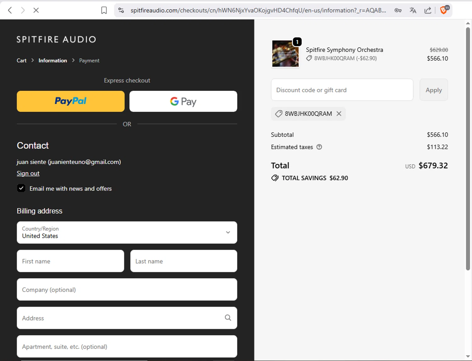 Spitfire Audio checkout page showing Spitfire Audio discount code box | Screenshot taken by SimplyCodes community member on Dec 13, 2025