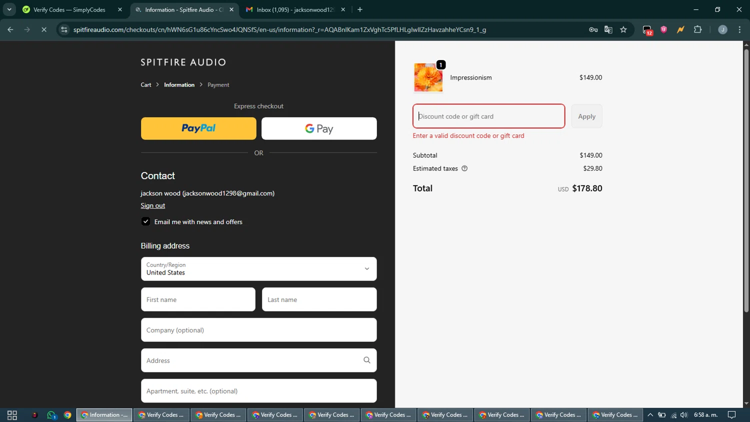 Spitfire Audio discount code screenshot showing code 1BYBEGK1AWEX applied at Spitfire Audio checkout page. Uploaded by SimplyCodes community member CashShopper1214 on Dec 26, 2025