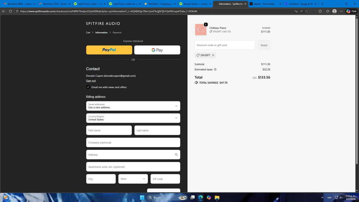 Spitfire Audio discount code screenshot showing code SFA30FT applied at Spitfire Audio checkout page. Uploaded by SimplyCodes community member Mdeoca on Jan 6, 2026