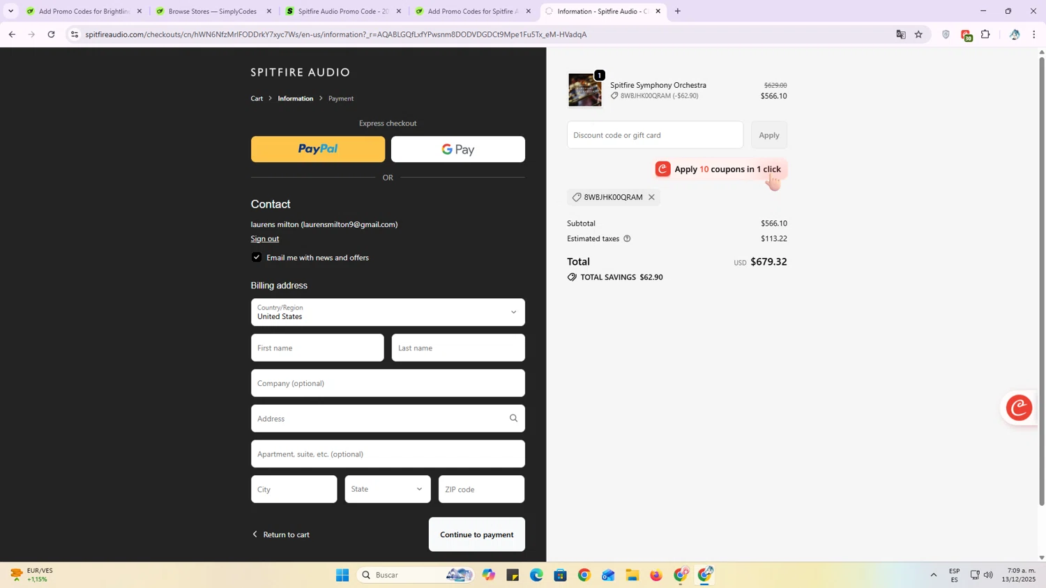 Spitfire Audio discount code screenshot showing code 8WBJHK00QRAM applied at Spitfire Audio checkout page. Uploaded by SimplyCodes community member OriCarol on Dec 13, 2025