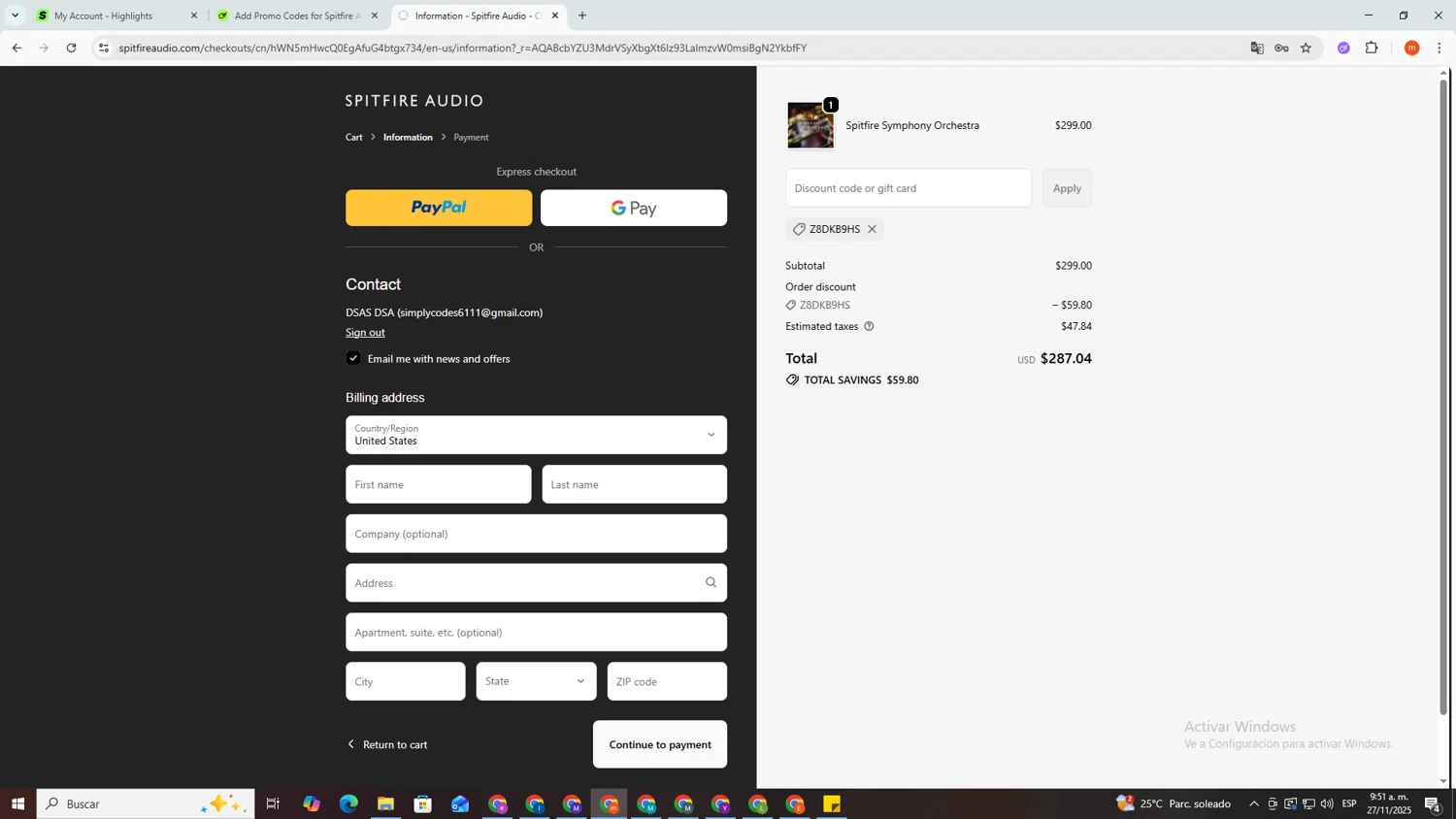 Spitfire Audio discount code screenshot showing code Z8DKB9HS applied at Spitfire Audio checkout page. Uploaded by SimplyCodes community member manuelescobar on Nov 27, 2025