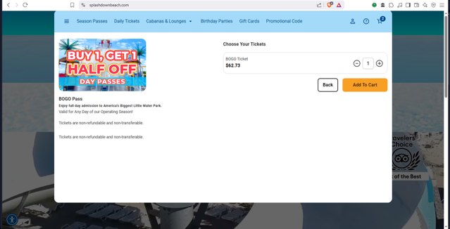 SplashDown Beach checkout page showing SplashDown Beach coupon code box | Screenshot taken by SimplyCodes community member on May 26, 2025
