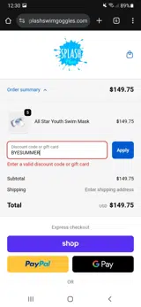 Splash Swim Goggles coupon verification screenshot
