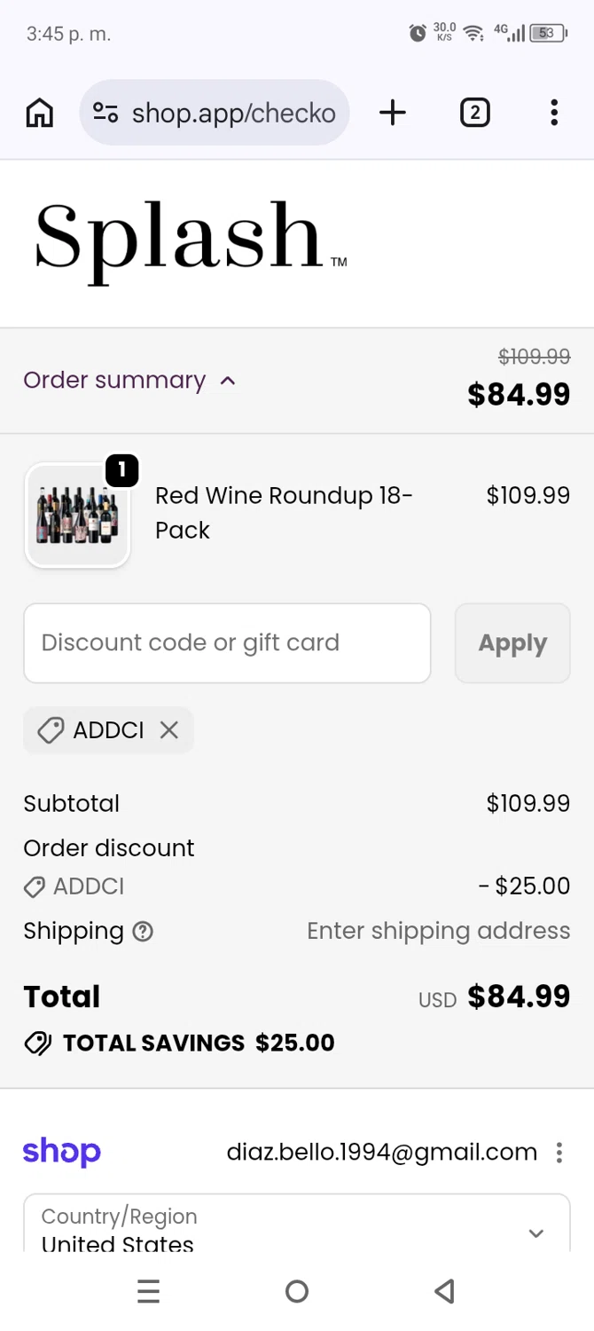 SplashWines promo code screenshot showing code ADDCI applied at SplashWines checkout page. Uploaded by SimplyCodes community member AnthonyGuapeton94 on Jun 19, 2026