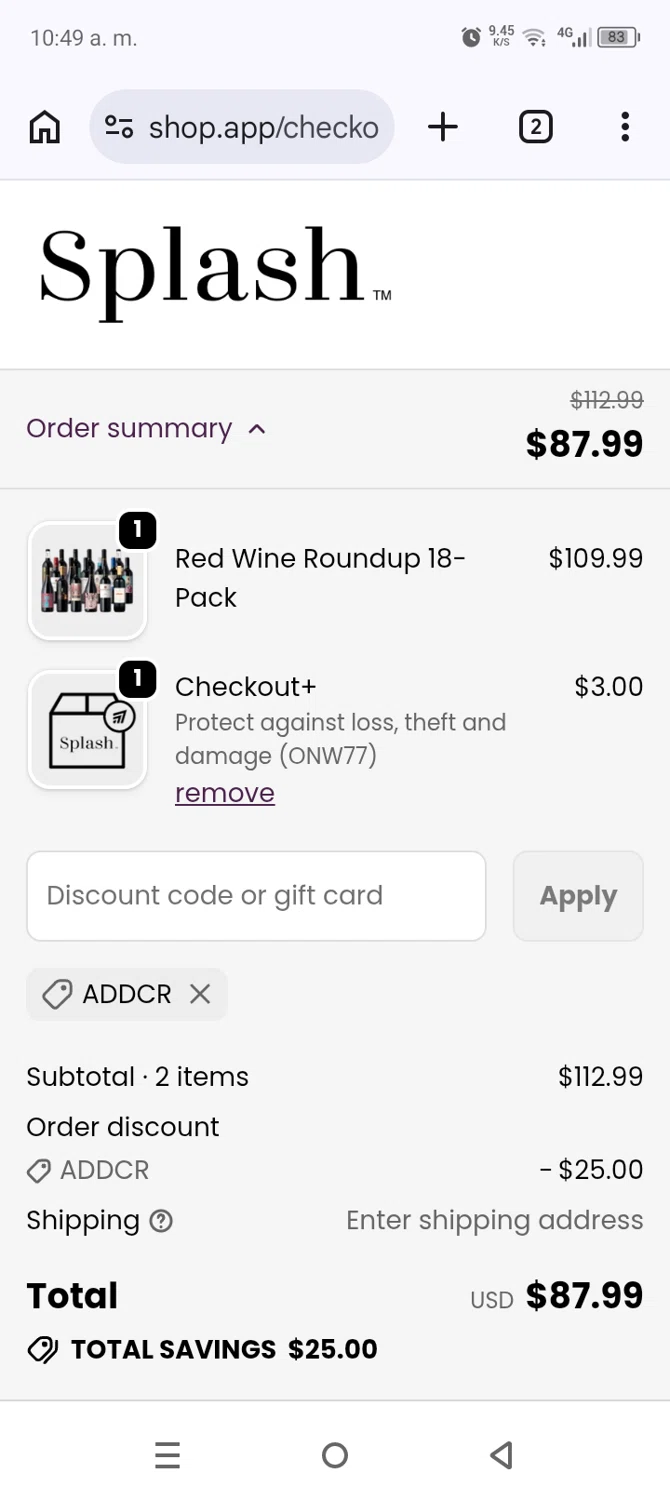 SplashWines promo code screenshot showing code ADDCR applied at SplashWines checkout page. Uploaded by SimplyCodes community member AnthonyGuapeton94 on Jun 16, 2026