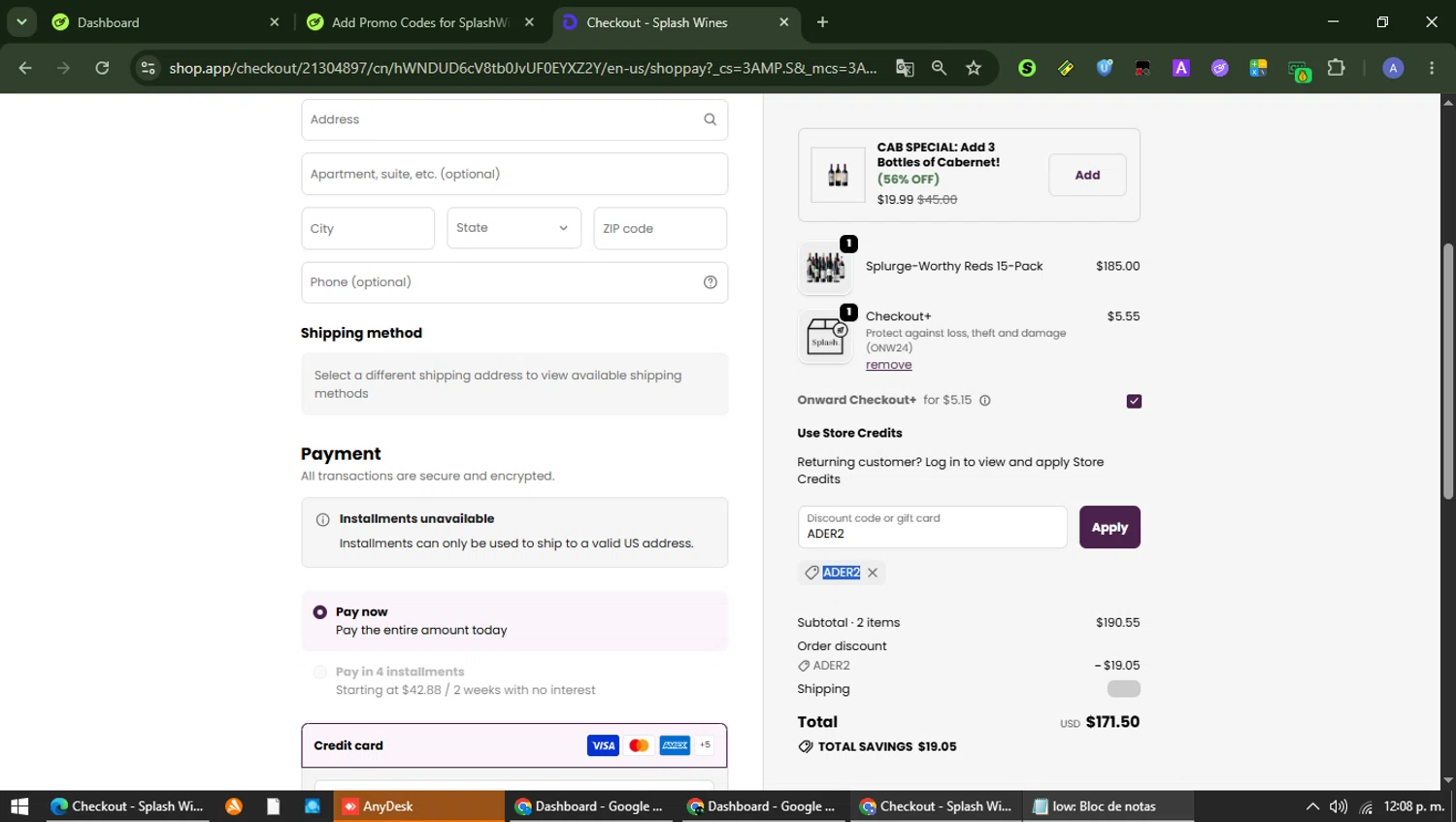 SplashWines promo code screenshot showing code ADER2 applied at SplashWines checkout page. Uploaded by SimplyCodes community member Carolina23 on Jun 19, 2026