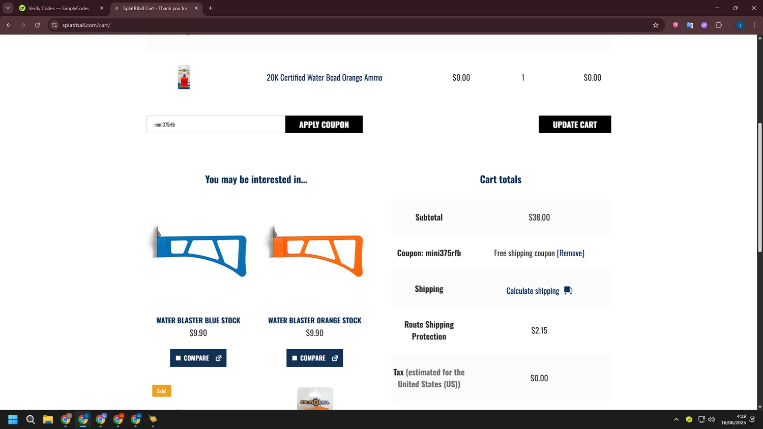 SplatRBall Water Bead Blaster promo code screenshot showing code mini375rfb applied at SplatRBall Water Bead Blaster checkout page. Uploaded by SimplyCodes community member CashLegend3767 on Jun 16, 2025