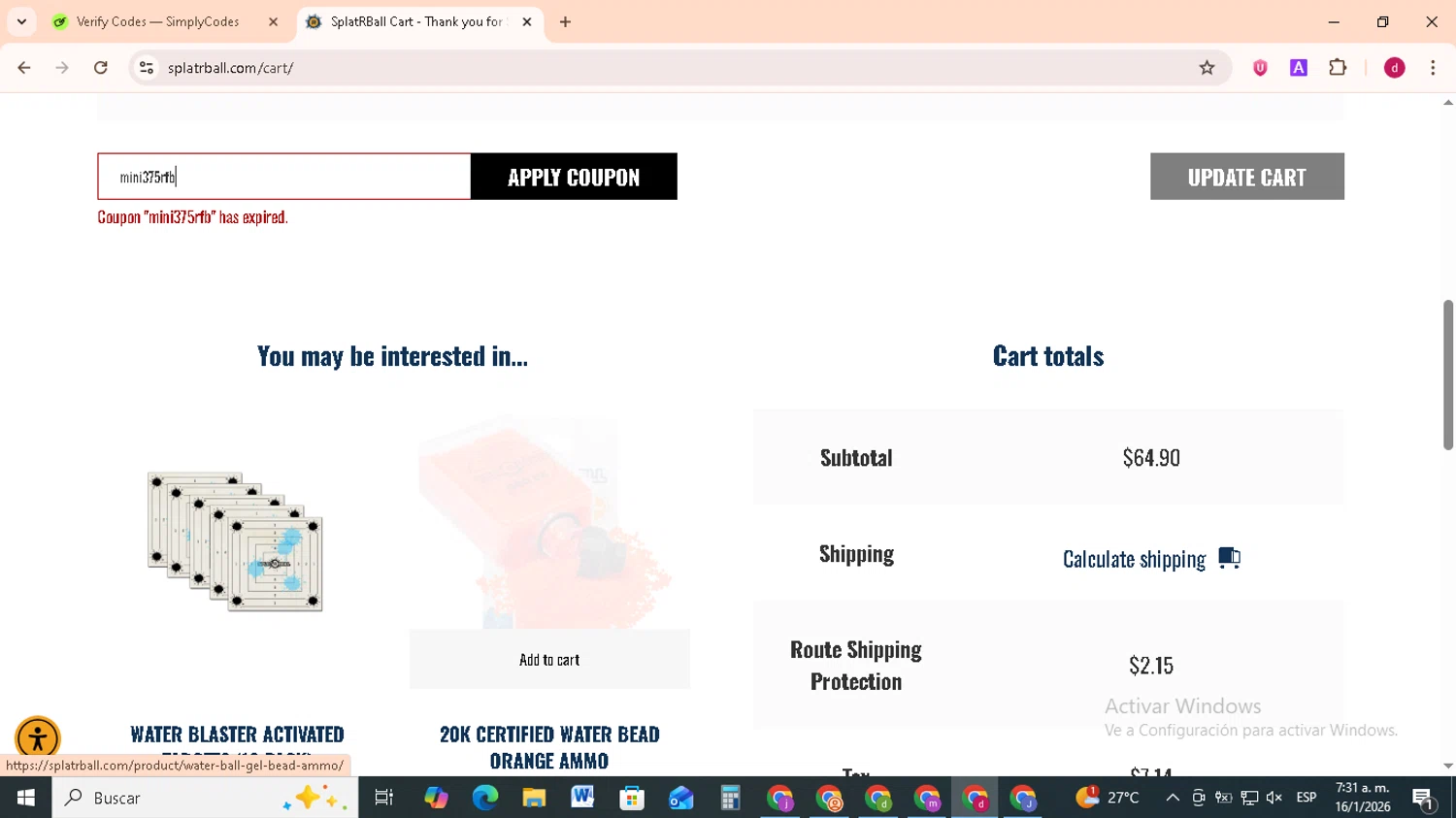 SplatRBall Water Bead Blaster promo code screenshot showing code mini375rfb applied at SplatRBall Water Bead Blaster checkout page. Uploaded by SimplyCodes community member FrugalMonarch7277 on Jan 16, 2026