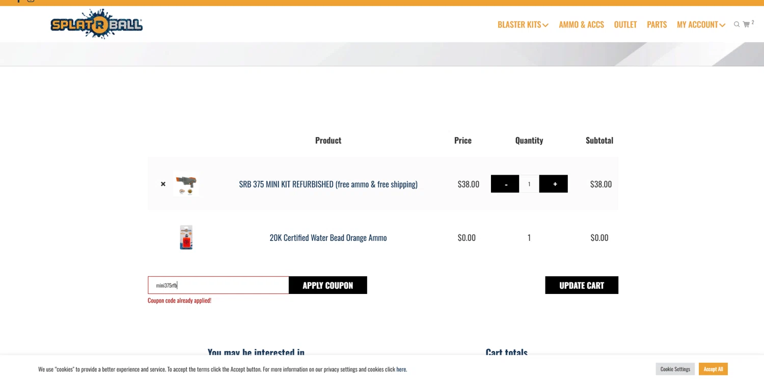 SplatRBall Water Bead Blaster promo code screenshot showing code mini375rfb applied at SplatRBall Water Bead Blaster checkout page. Uploaded by SimplyCodes community member melano on Jun 16, 2025