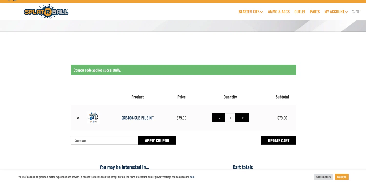 SplatRBall Water Bead Blaster promo code screenshot showing code KLYOFF10CART applied at SplatRBall Water Bead Blaster checkout page. Uploaded by SimplyCodes community member EpicTitan8654 on Jun 16, 2025