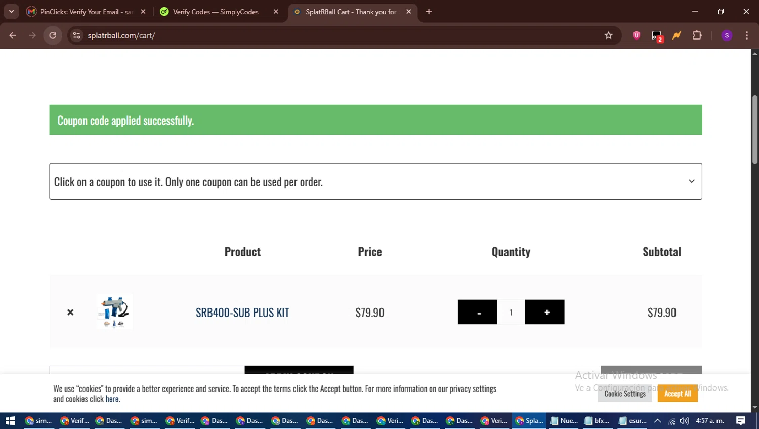 SplatRBall Water Bead Blaster promo code screenshot showing code KLYOFF10CART applied at SplatRBall Water Bead Blaster checkout page. Uploaded by SimplyCodes community member ShieldWarden7838 on Jun 30, 2025