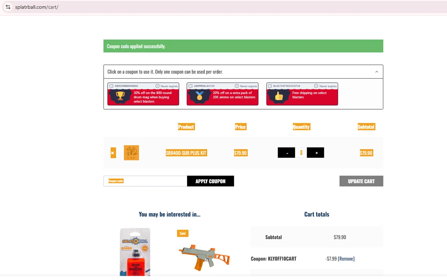 SplatRBall Water Bead Blaster promo code screenshot showing code KLYOFF10CART applied at SplatRBall Water Bead Blaster checkout page. Uploaded by SimplyCodes community member Teamgorila on Jul 15, 2025