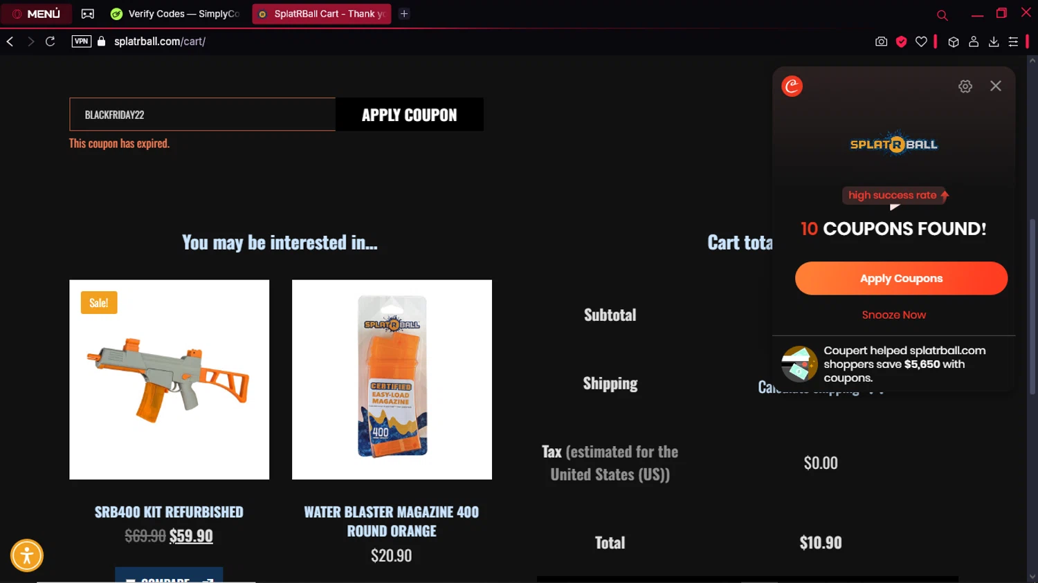 SplatRBall Water Bead Blaster promo code screenshot showing code BLACKFRIDAY22 applied at SplatRBall Water Bead Blaster checkout page. Uploaded by SimplyCodes community member CorrectorDeCupones on Mar 22, 2025