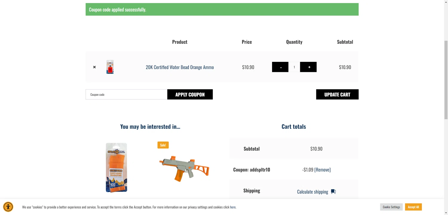 SplatRBall Water Bead Blaster promo code screenshot showing code ADDSPLTR10 applied at SplatRBall Water Bead Blaster checkout page. Uploaded by SimplyCodes community member RewardTitan728 on Jun 3, 2025