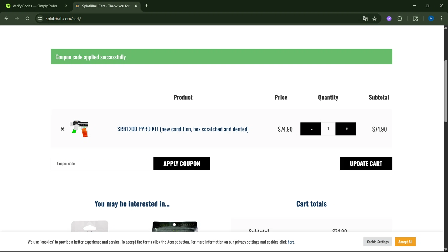SplatRBall Water Bead Blaster promo code screenshot showing code ADDSPLTR10 applied at SplatRBall Water Bead Blaster checkout page. Uploaded by SimplyCodes community member ScanNavigator5190 on Jun 16, 2025