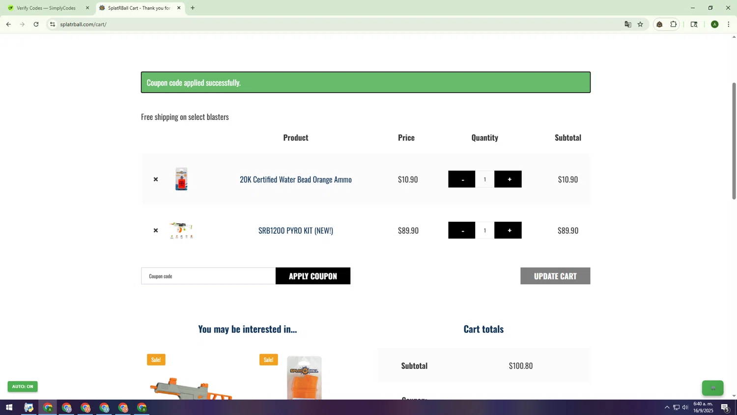 SplatRBall Water Bead Blaster checkout page showing SplatRBall Water Bead Blaster promo code box | Screenshot taken by SimplyCodes community member on Sep 16, 2025