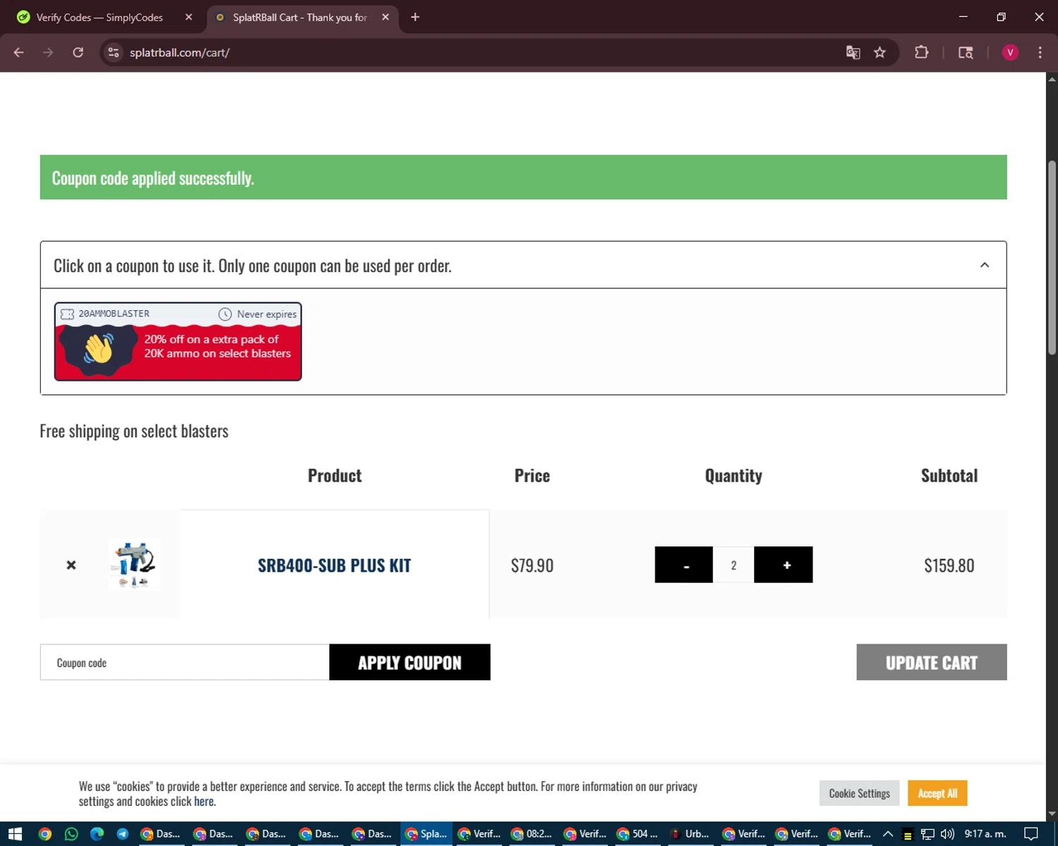 SplatRBall Water Bead Blaster checkout page showing SplatRBall Water Bead Blaster promo code box | Screenshot taken by SimplyCodes community member on Aug 18, 2025