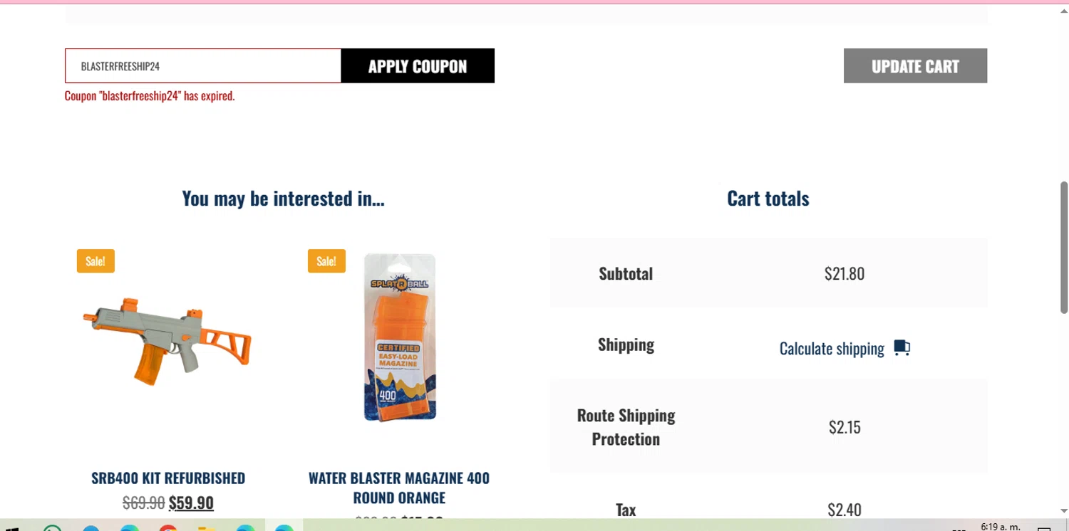 SplatRBall Water Bead Blaster promo code screenshot showing code BLASTERFREESHIP24 applied at SplatRBall Water Bead Blaster checkout page. Uploaded by SimplyCodes community member negrita on Nov 14, 2025