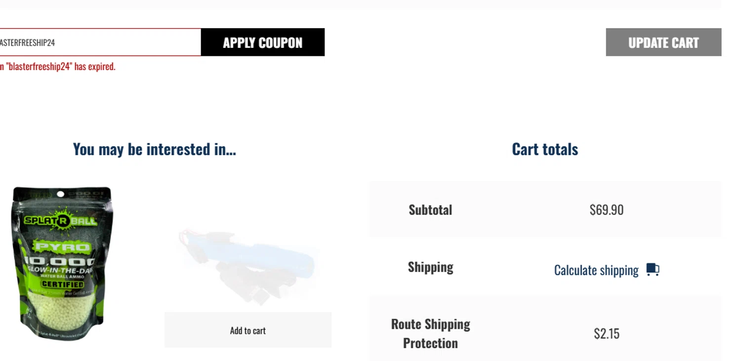 SplatRBall Water Bead Blaster promo code screenshot showing code BLASTERFREESHIP24 applied at SplatRBall Water Bead Blaster checkout page. Uploaded by SimplyCodes community member peachee on Nov 14, 2025