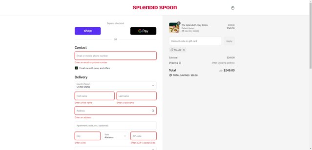 Splendid Spoon checkout page showing Splendid Spoon promo code box | Screenshot taken by SimplyCodes community member on Aug 28, 2025