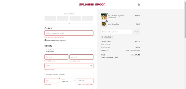 Splendid Spoon checkout page showing Splendid Spoon promo code box | Screenshot taken by SimplyCodes community member on Aug 29, 2025