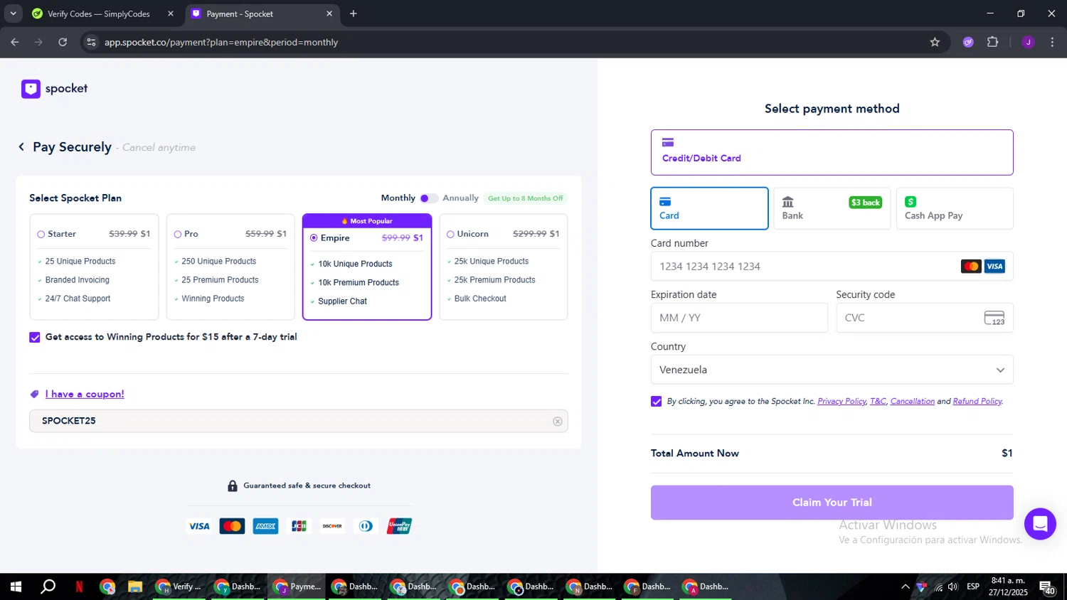 Spocket coupon code screenshot showing code SPOCKET25 applied at Spocket checkout page. Uploaded by SimplyCodes community member ComeBurra123 on Dec 27, 2025