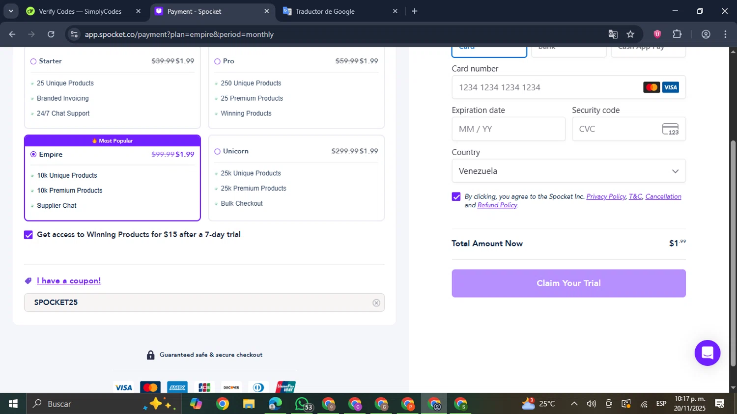 Spocket coupon code screenshot showing code SPOCKET25 applied at Spocket checkout page. Uploaded by SimplyCodes community member GloriousDefender7889 on Nov 21, 2025