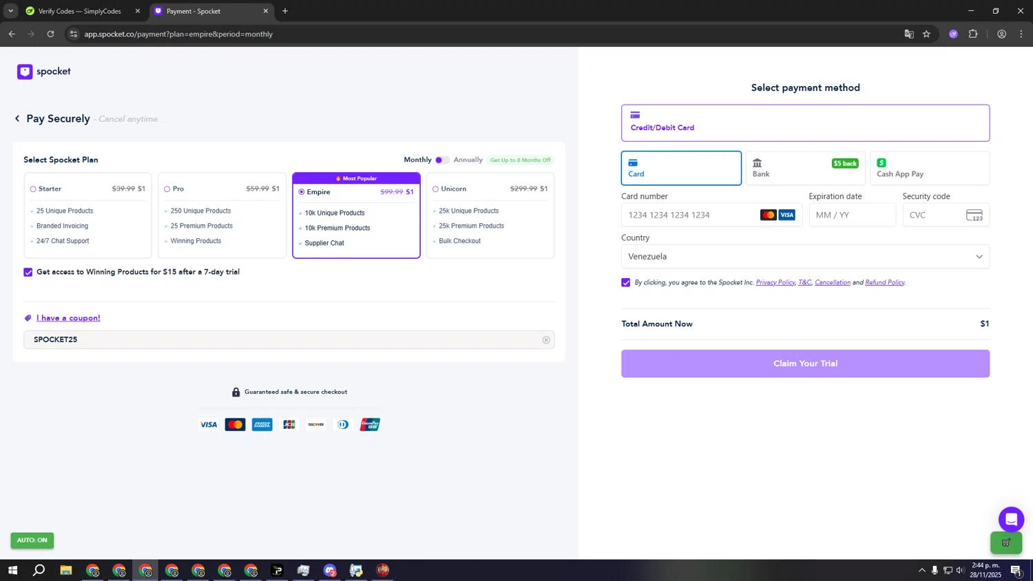 Spocket coupon code screenshot showing code SPOCKET25 applied at Spocket checkout page. Uploaded by SimplyCodes community member sssssssssssssssssssssssss on Nov 28, 2025