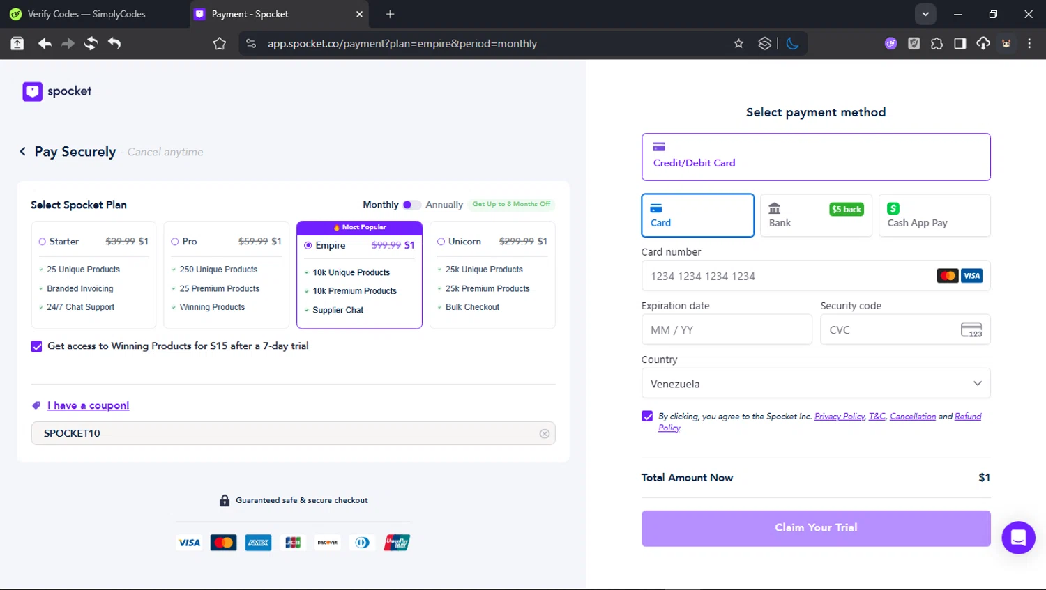 Spocket checkout page showing Spocket coupon code box | Screenshot taken by SimplyCodes community member on Jan 7, 2026