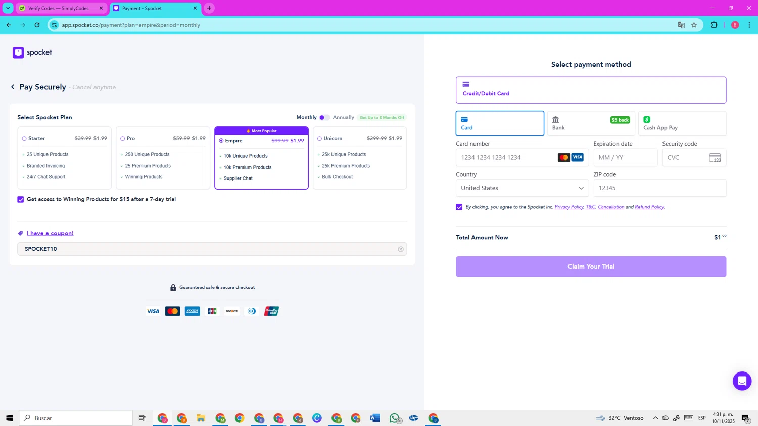 Spocket coupon code screenshot showing code SPOCKET10 applied at Spocket checkout page. Uploaded by SimplyCodes community member CleverElite3562 on Nov 10, 2025