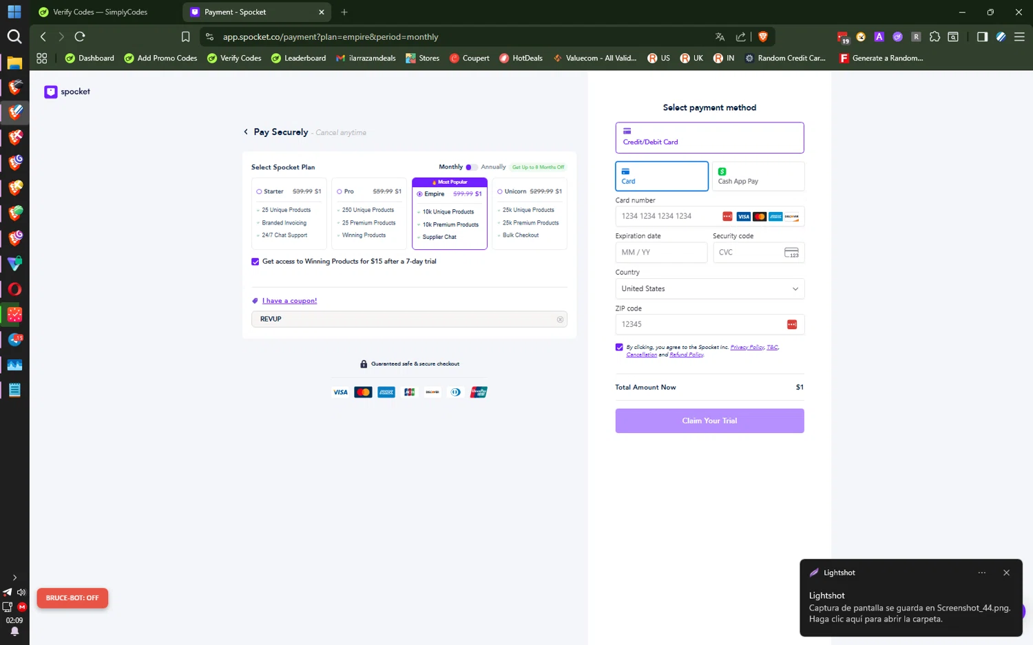 Spocket coupon code screenshot showing code REVUP applied at Spocket checkout page. Uploaded by SimplyCodes community member ilarrazaM2 on Dec 12, 2025