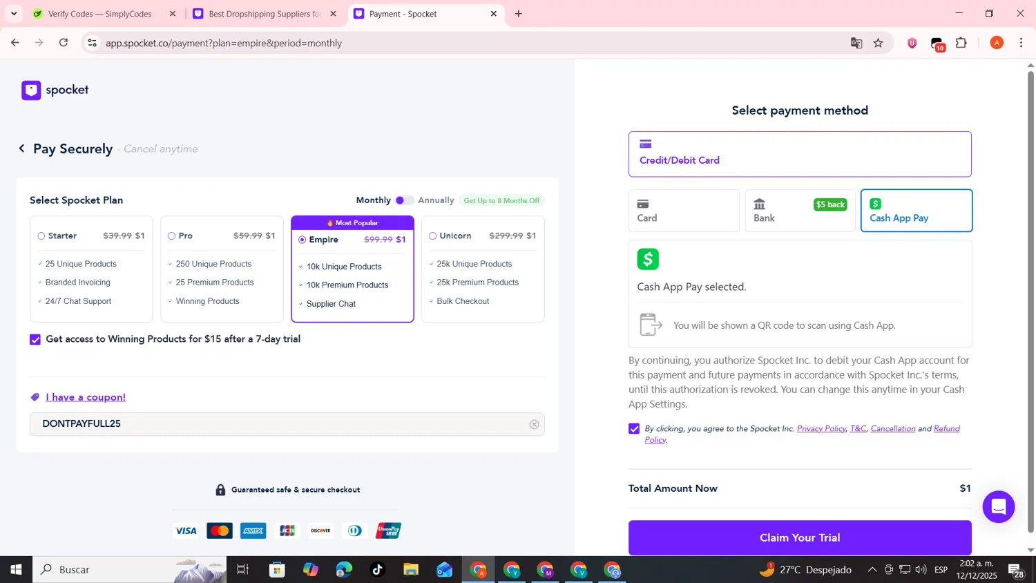 Spocket checkout page showing Spocket coupon code box | Screenshot taken by SimplyCodes community member on Dec 12, 2025