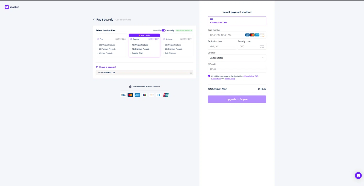 Spocket coupon code screenshot showing code DONTPAYFULL25 applied at Spocket checkout page. Uploaded by SimplyCodes community member bluemoony on Oct 23, 2025