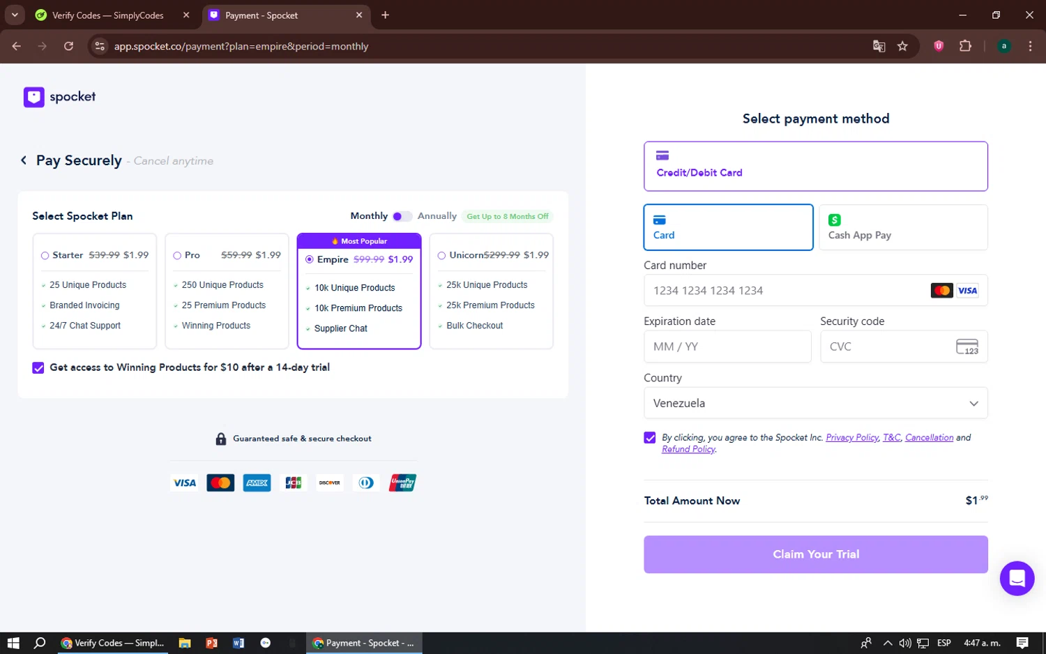 Spocket coupon code screenshot showing code DONTPAYFULL25 applied at Spocket checkout page. Uploaded by SimplyCodes community member zizu55 on Jul 29, 2025