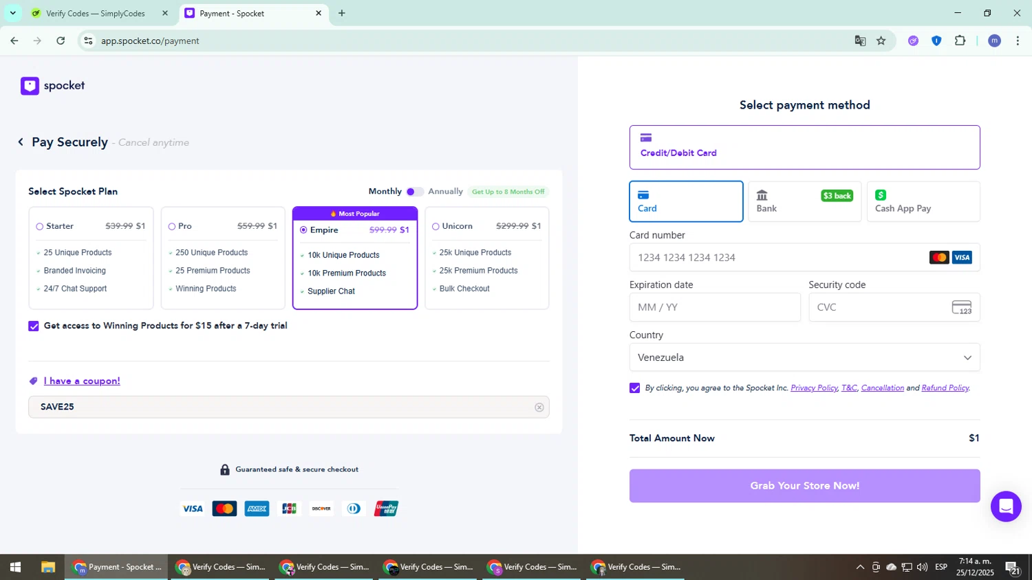 Spocket checkout page showing Spocket coupon code box | Screenshot taken by SimplyCodes community member on Dec 25, 2025