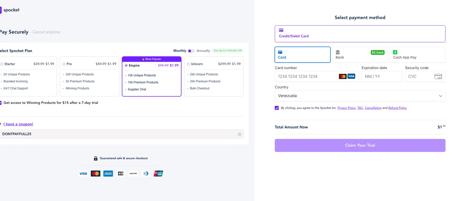 Spocket coupon code screenshot showing code DONTPAYFULL25 applied at Spocket checkout page. Uploaded by SimplyCodes community member ELOIN777 on Oct 23, 2025