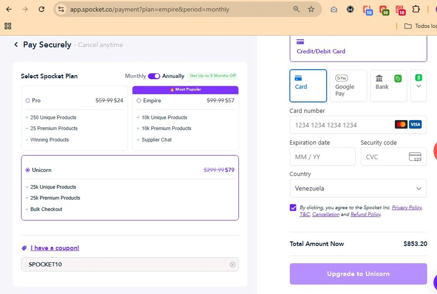 Spocket coupon code screenshot showing code SPOCKET10 applied at Spocket checkout page. Uploaded by SimplyCodes community member Elcompa on Nov 10, 2025