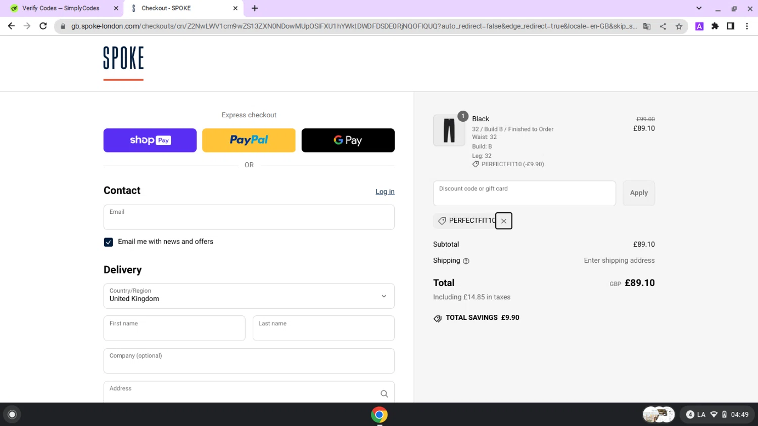 Spoke discount code screenshot showing code PERFECTFIT10 applied at Spoke checkout page. Uploaded by SimplyCodes community member lapampita on Mar 5, 2025