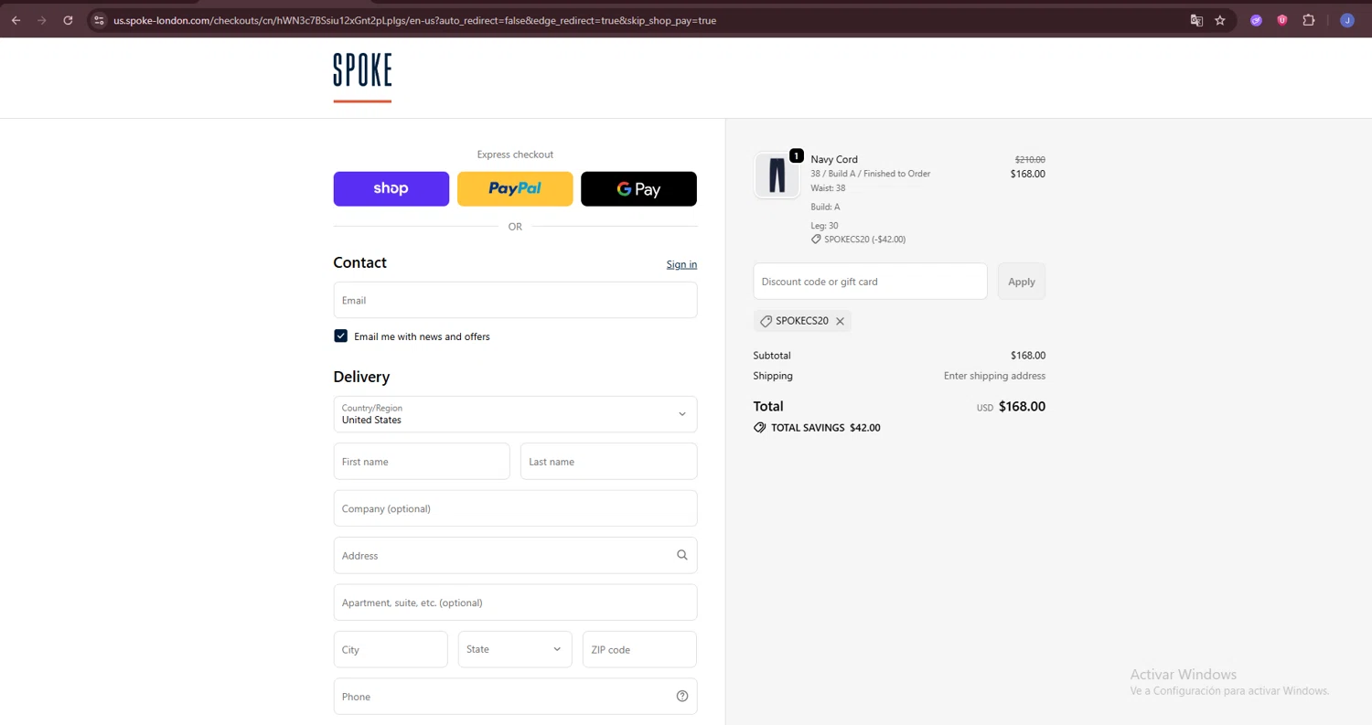 Spoke discount code screenshot showing code SPOKECS20 applied at Spoke checkout page. Uploaded by SimplyCodes community member BonusLynx1493 on Oct 1, 2025