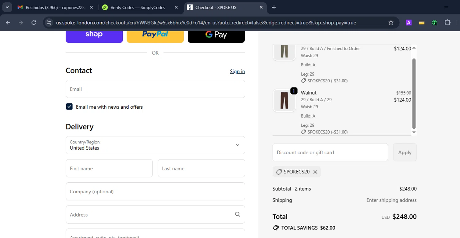 Spoke discount code screenshot showing code SPOKECS20 applied at Spoke checkout page. Uploaded by SimplyCodes community member Eduard on Sep 22, 2025